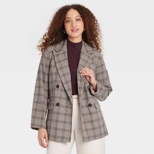 A New Day Plaid Blazer Jacket in Tan Size Medium Double Breasted Career Work